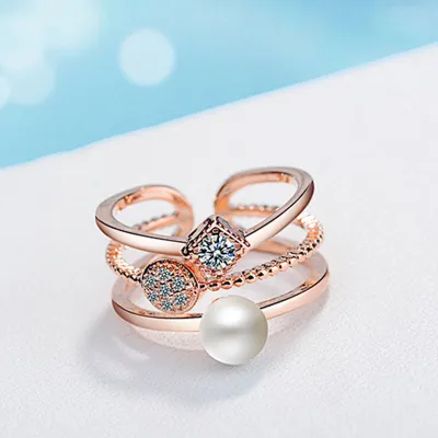 Creative Three Line Pearl Rhinestone Decor Ring Women Geometric Fashion Jewelry