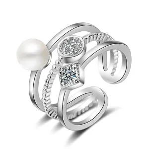 Creative Three Line Pearl Rhinestone Decor Ring Women Geometric Fashion Jewelry