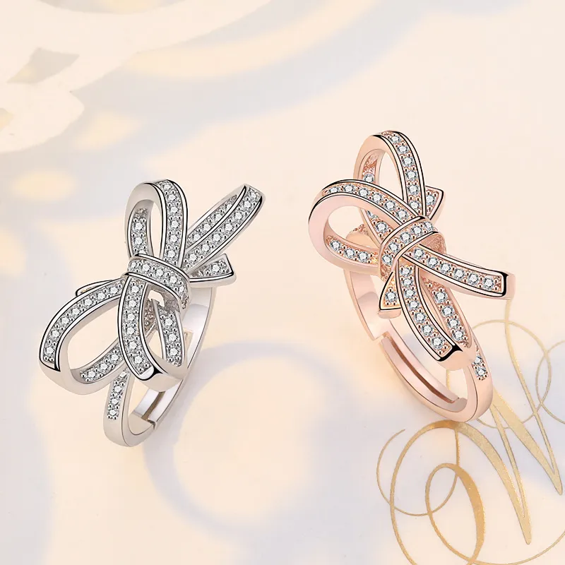 Fashion Bow Knot Zircon Decor Opening Ring for Women