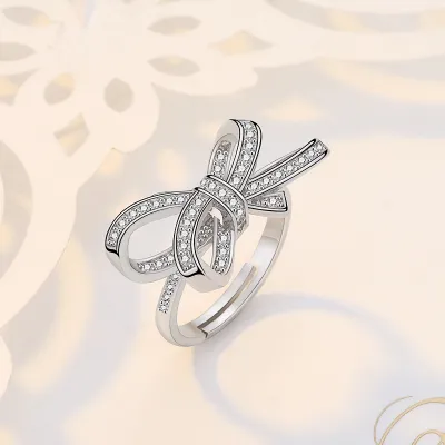Fashion Bow Knot Zircon Decor Opening Ring for Women