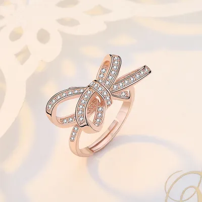 Fashion Bow Knot Zircon Decor Opening Ring for Women