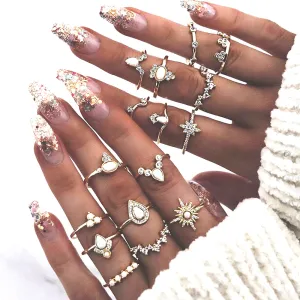 Boho Star Pattern Rhinestone Decor Ring Set