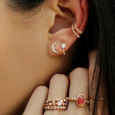 Vintage Carved Moon Stars Earrings Ring Set