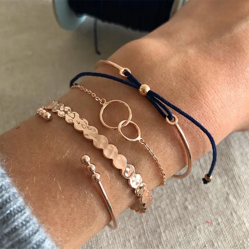 Geometric Round Pull Braided Alloy Bracelet Set for Women