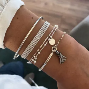 Tassel Pendant Multilayer Chain Bracelet Set, Alloy, 37g