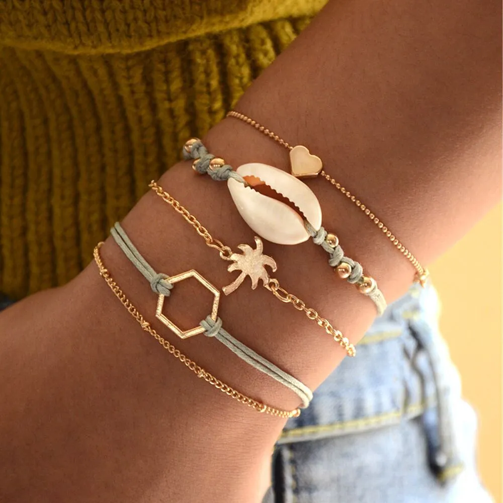 Shell Love Heart Coconut Tree Knotted Woven Bracelet Set for Women