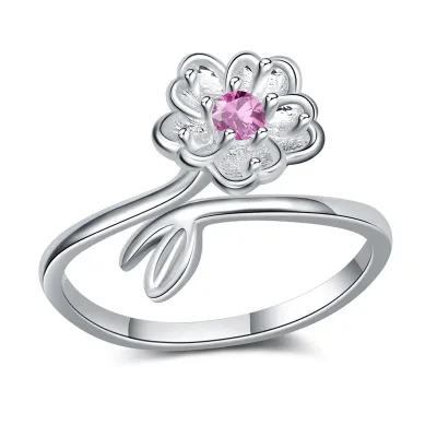 Sakura Flower Copper Gemstone Opening Ring for Women