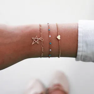 Ethnic Alloy Star Love Heart Decor Beads Chain Bracelets Set
