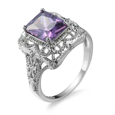 Vintage Hollow Out Purple Zircon Ring - Copper Unisex Geometric Rhodium Plated Rings