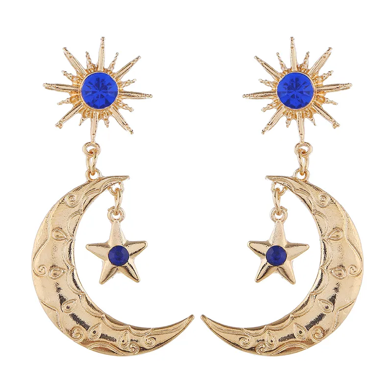Stars Moon Sun Pattern Design Diamond Decor Dangle Earrings