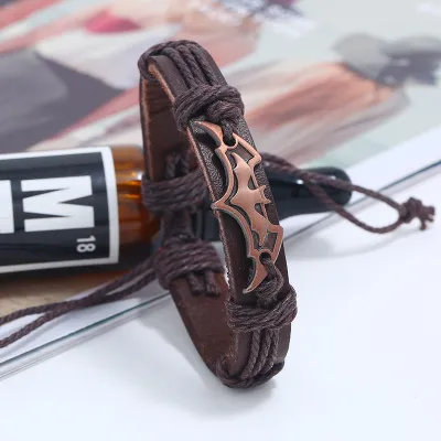 Woven PU Alloy Geometric Bat Decor Men Bracelet