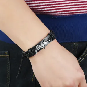 Woven PU Alloy Geometric Bat Decor Men Bracelet