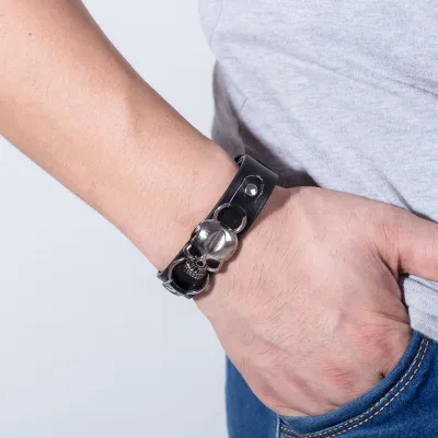 Punk Woven PU Leather Skull Head Men Bracelet