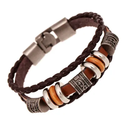 Metal Hoop Decor PU Leather Woven Men Bracelet