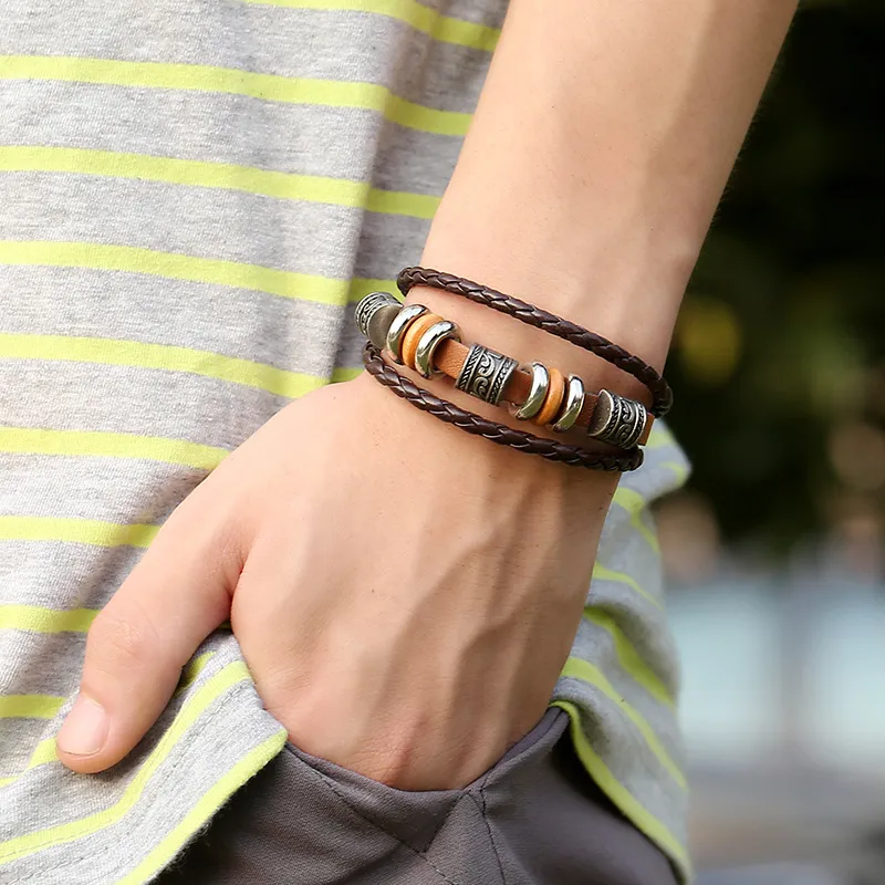 Metal Hoop Decor PU Leather Woven Men Bracelet