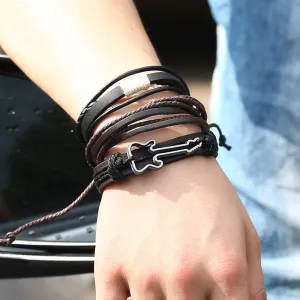 Vintage Weave Guitar Decor PU Bracelet Set Unisex Geometric
