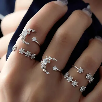 Vintage Inlaid Drill Star Moon Pattern Ring Set for Women