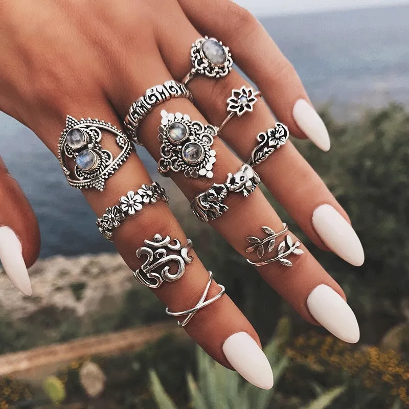Vintage Elephant Lotus Pattern Midi Ring Set for Women