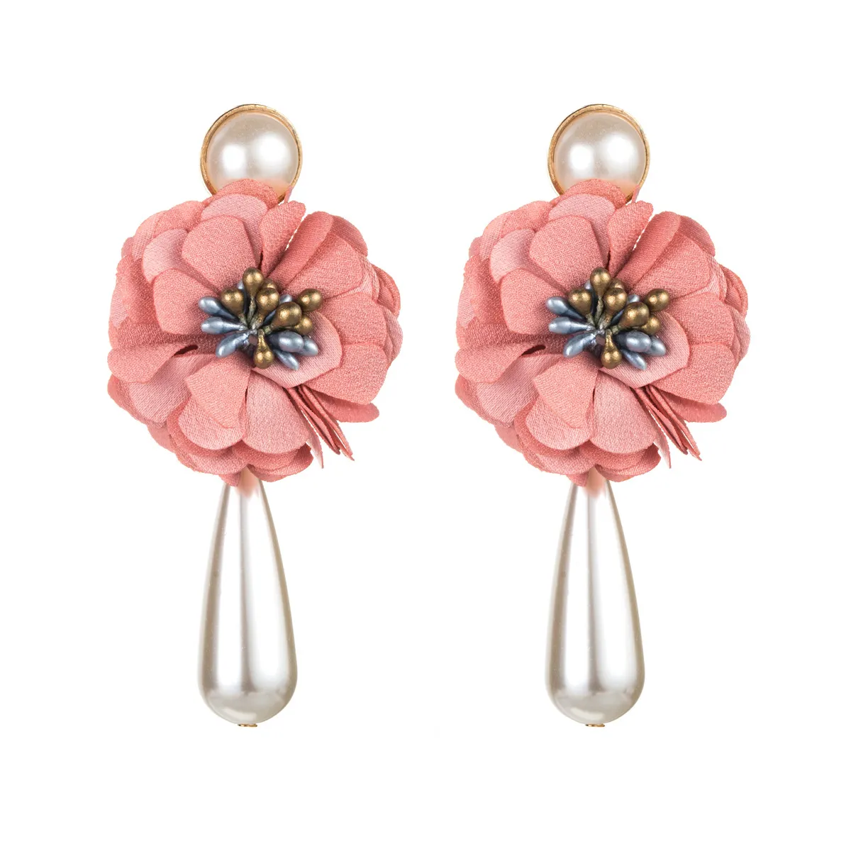 Simple Cloth Art Rose Flower Pearl Earrings Women's Retro Fashion