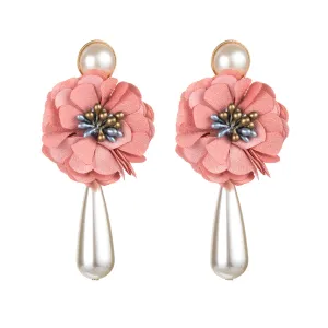 Simple Cloth Art Rose Flower Pearl Earrings Women's Retro Fashion