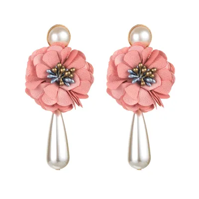 Simple Cloth Art Rose Flower Pearl Earrings Women's Retro Fashion