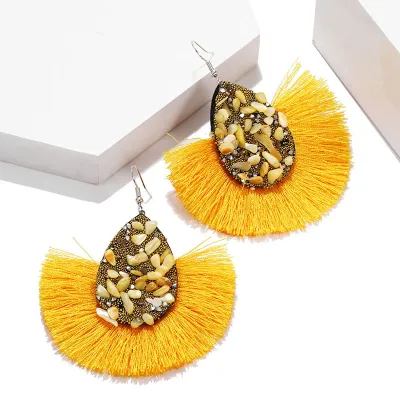 Inlaid Color Stone Drop Shape Tassel Earrings