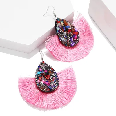 Inlaid Color Stone Drop Shape Tassel Earrings