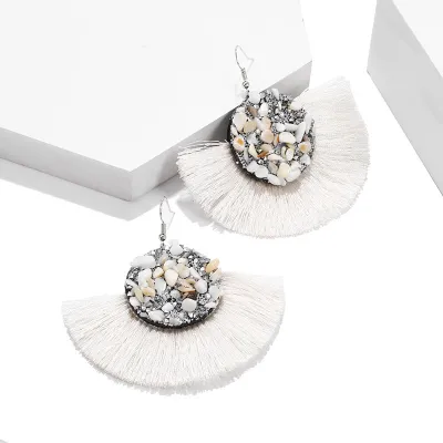 Inlaid Color Stone Drop Shape Tassel Earrings