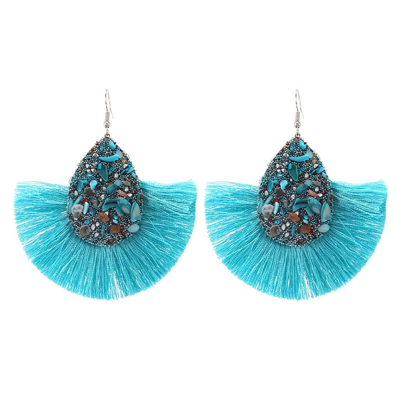 Inlaid Color Stone Drop Shape Tassel Earrings