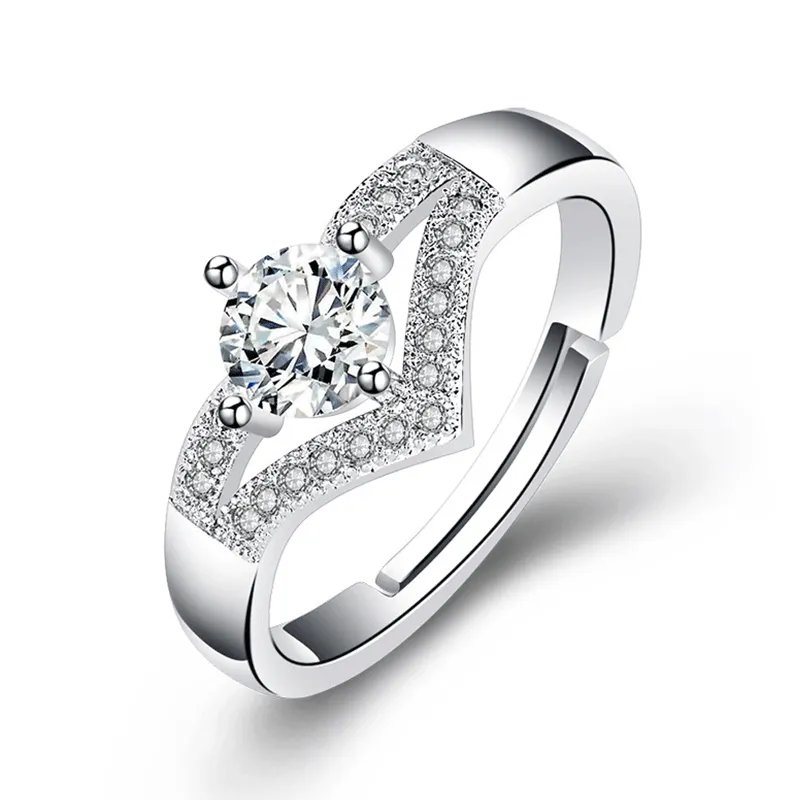 Love Heart V-Shaped Inlaid Drill Ring Platinum Plated Copper Women's Unique Design