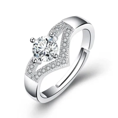 Love Heart V-Shaped Inlaid Drill Ring Platinum Plated Copper Women's Unique Design