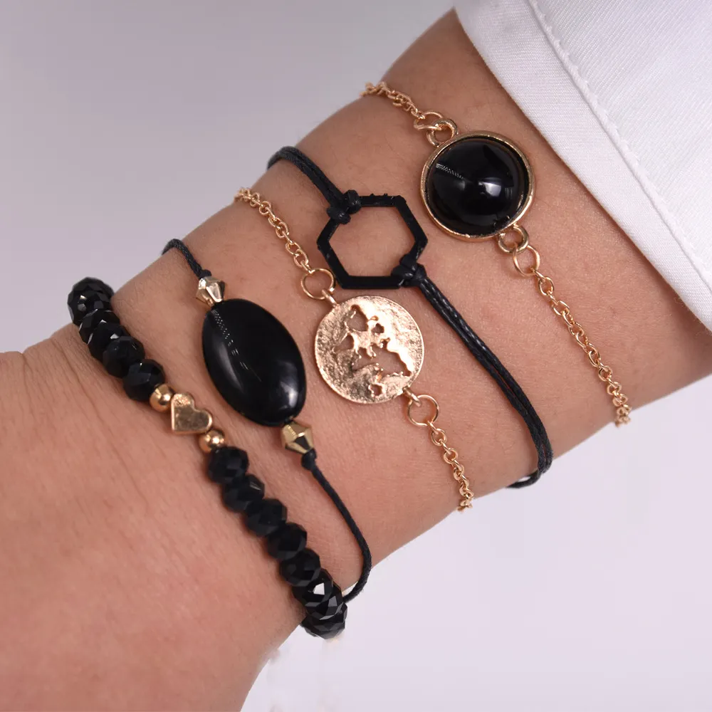 Acrylic Woven Hexagon Heart Map Beaded Bracelet Set Unisex Alloy