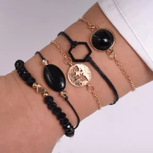 Acrylic Woven Hexagon Heart Map Beaded Bracelet Set Unisex Alloy