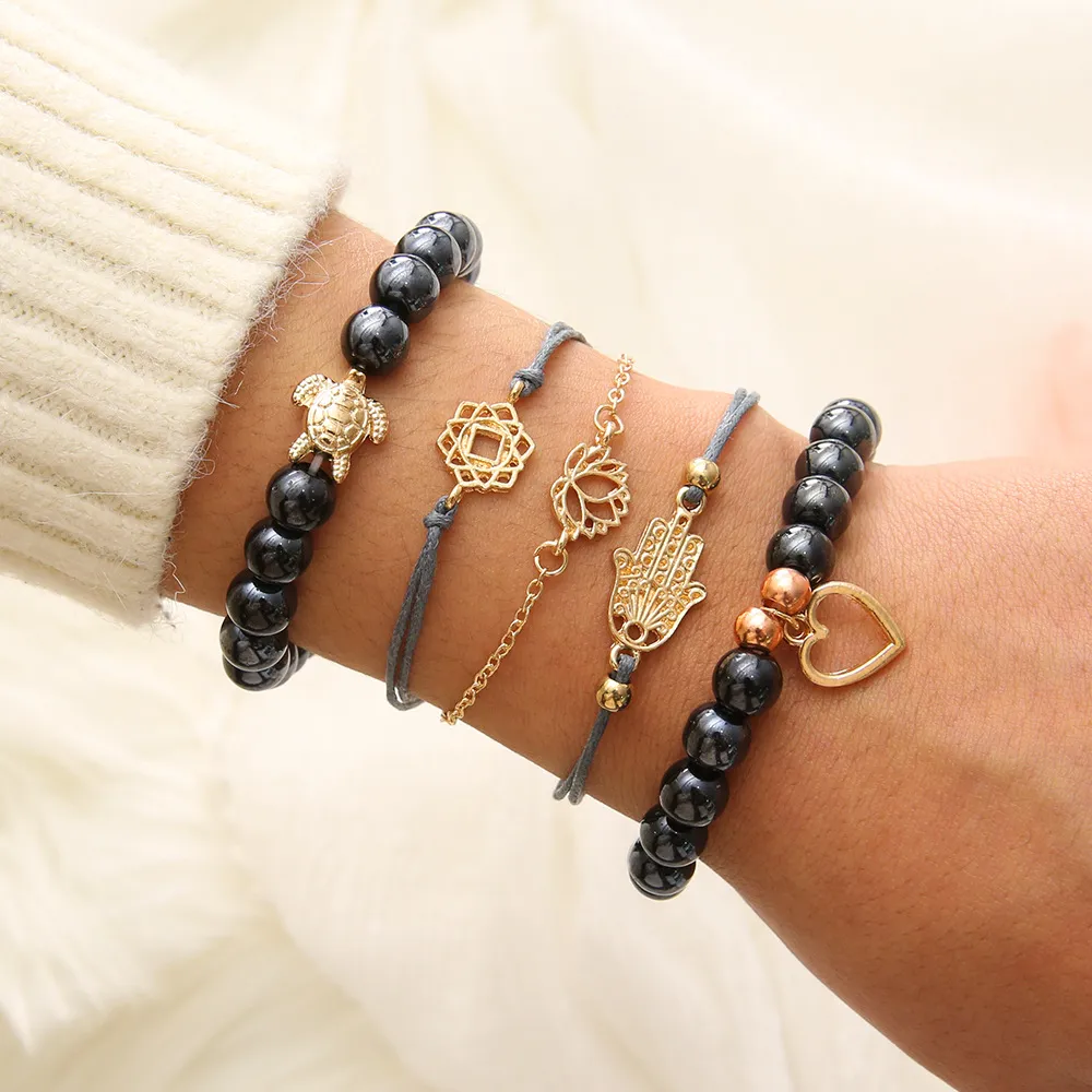 Woven Hand Palm Beaded Sea Turtle Love Heart Bracelet Set