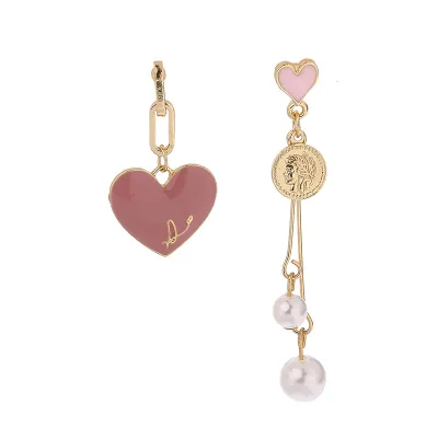 Asymmetric Peach Heart Pearl Star Earrings Geometric Simple Unisex