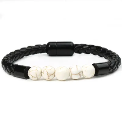 Vintage Stone Beaded PU Rope Magnetic Buckle Unisex Bracelet