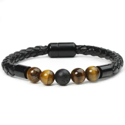 Vintage Stone Beaded PU Rope Magnetic Buckle Unisex Bracelet