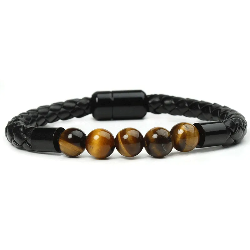 Vintage Stone Beaded PU Rope Magnetic Buckle Unisex Bracelet