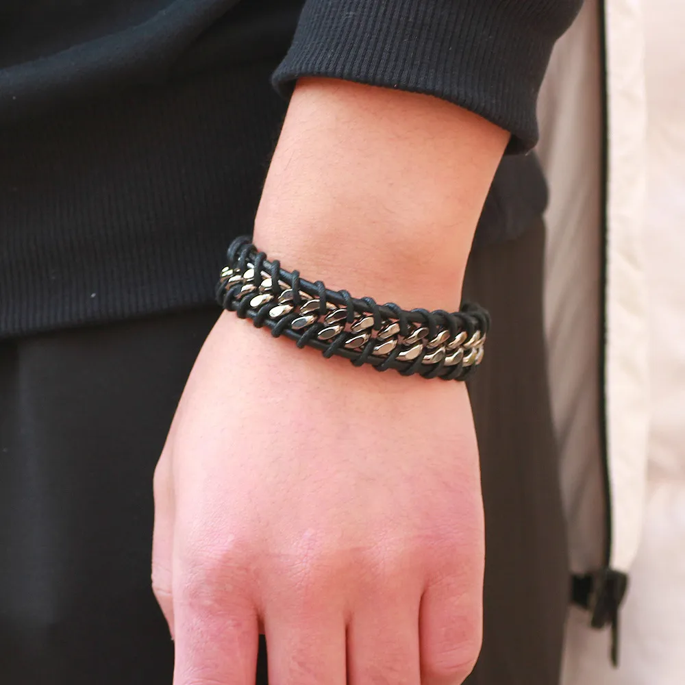 Fashion Simple Metal Chain PU Men Bracelet