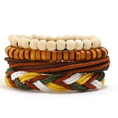 Vintage Hand Woven Cowhide Hemp Rope Bracelet Set Unisex Geometric