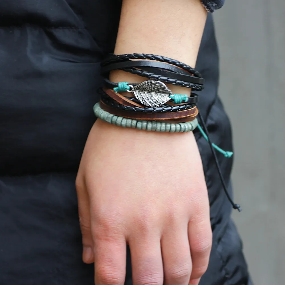 Woven Leaf Beaded Men Bracelet Set - Unisex Style