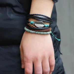 Woven Leaf Beaded Men Bracelet Set - Unisex Style