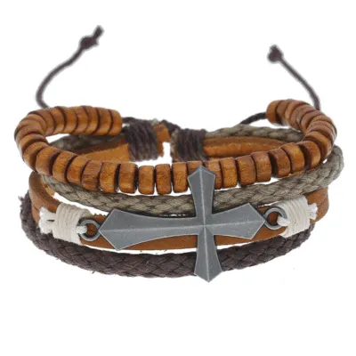 Vintage Metal Cross Pattern Wooden Beads PU Bracelet