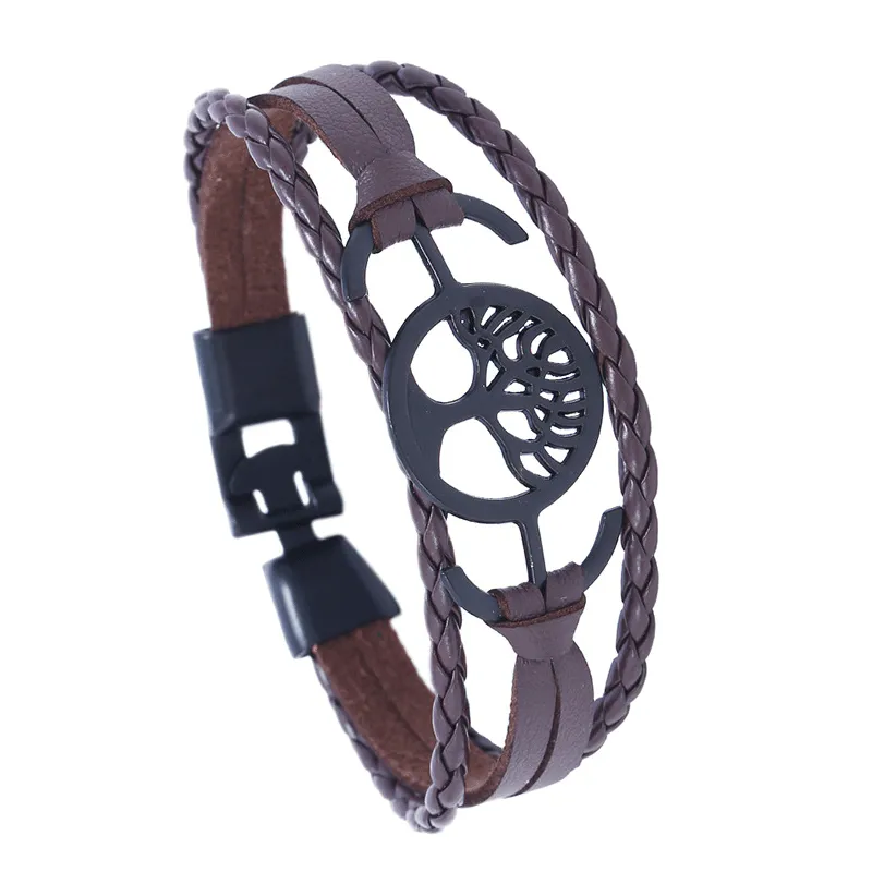 Geometric Life Tree Pattern Decor Metal Buckle PU Bracelet Unisex