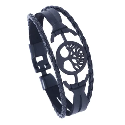 Geometric Life Tree Pattern Decor Metal Buckle PU Bracelet Unisex