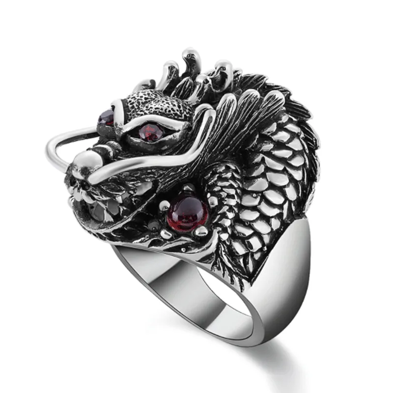 Delicate Dragon Design Red Gem Decor Vintage Men Ring