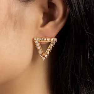 Geometric Triangle Pearl Rhinestone Stud Earrings for Women