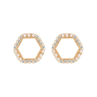 Geometric Triangle Pearl Rhinestone Stud Earrings for Women