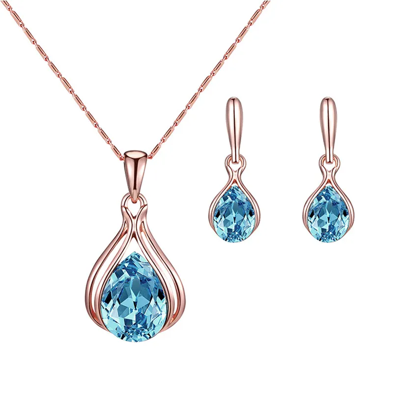 Water Drop Shape Blue Rhinestone Pendant Necklace Earrings Set