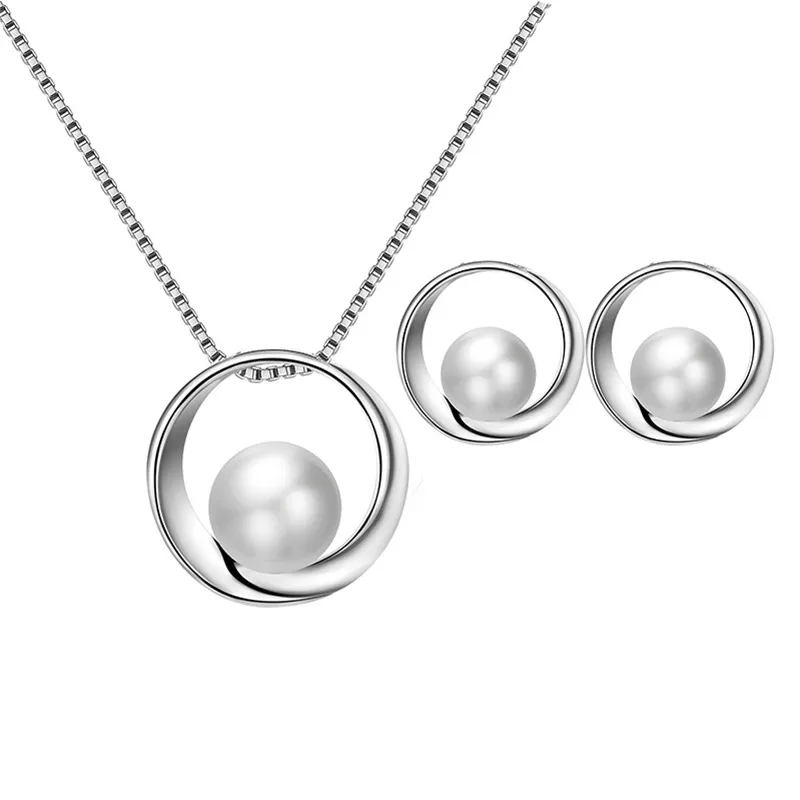 Creative Pearl Pendant Necklace Earrings Set for Women Alloy Box Chain